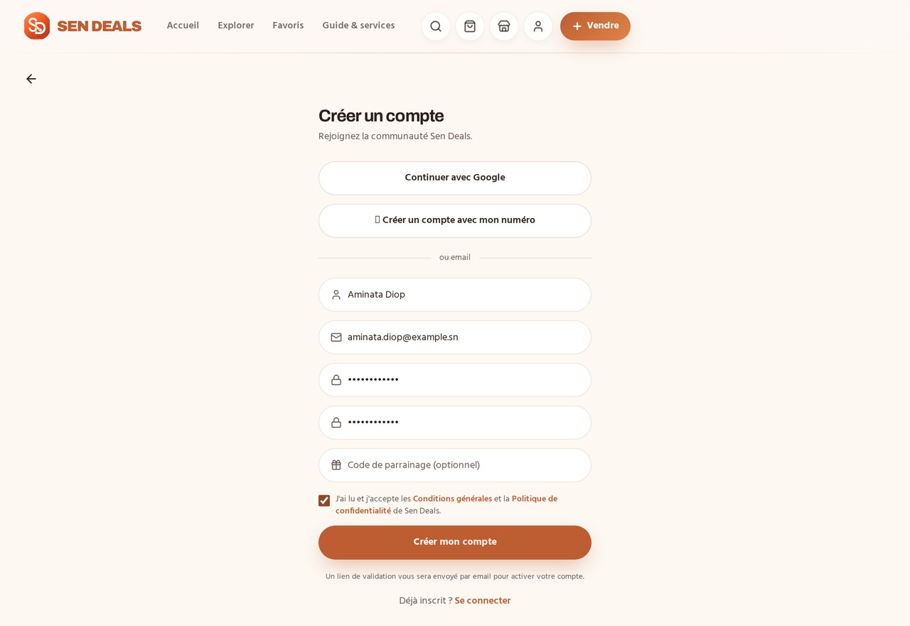 Capture d'écran — sen-deals.com/inscription