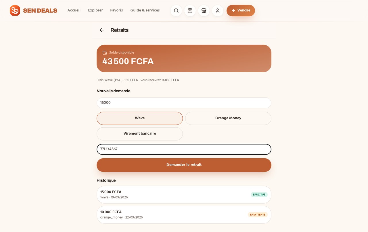 Capture d'écran — sen-deals.com/retraits